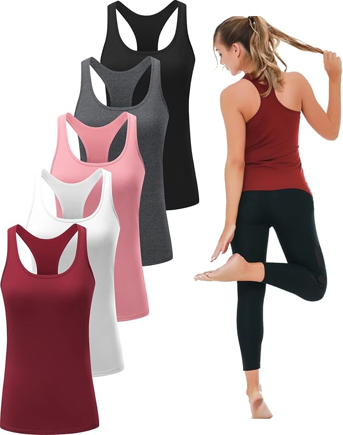 6 or 5 Pack Workout Tank Tops for Women, Athletic Racerback Sports Tank Tops, Compression Sleeveless Dry Fit Shirts