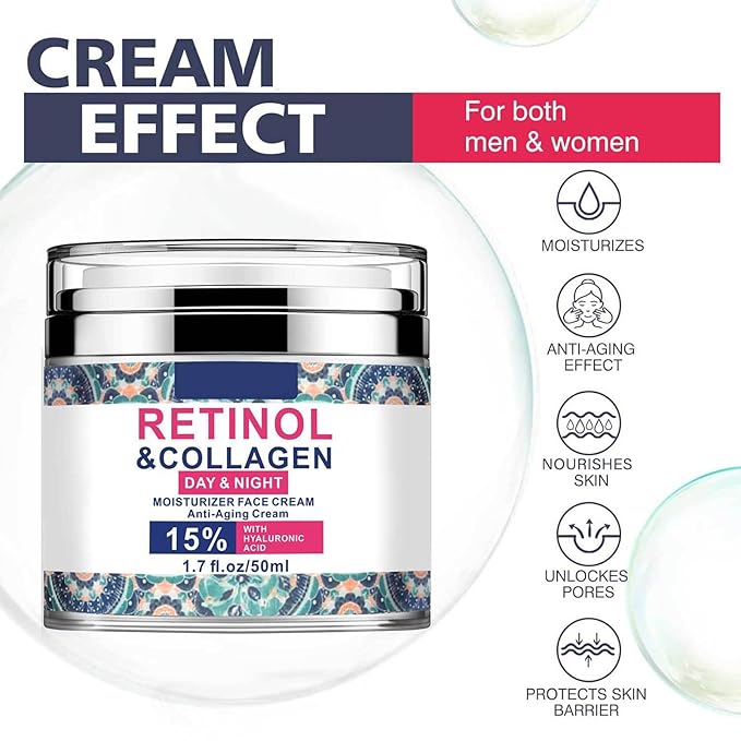 Retinol Cream for Face with 15% Hyaluronic Acid, Collagen Face Moisturizer, Day & Night Anti-Aging Cream for Women and Men Reduce Wrinkles & Fine Lines, All Skin Types 1.7 Fl Oz
