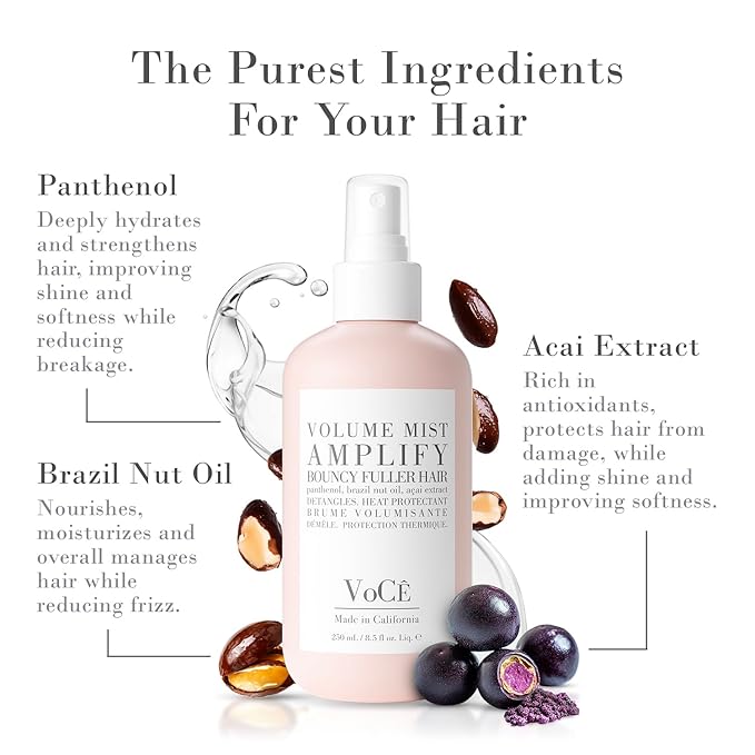 VoCÊ Haircare – Natural Volume Mist | Heat Protection Volumizing Blowout Spray | Non-Toxic, Cruelty-Free, Vegan Haircare for Fine Hair with Panthenol, Acai Berry, and Brazil Nut Oil (8.5 oz | 250ml)