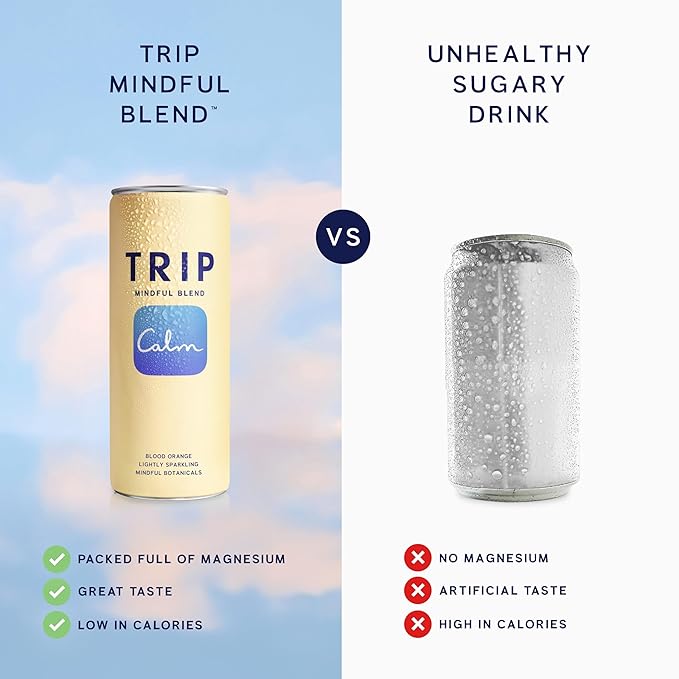 Trip Mindful Blend, Lightly Sparkling Adaptogen Seltzer, 120 MG Magnesium Citrate with Ashwagandha, Lions Mane & L Theanine, No Added Sugar, Low Calorie, Vegan, Blood Orange, 12 Oz, 12Pk