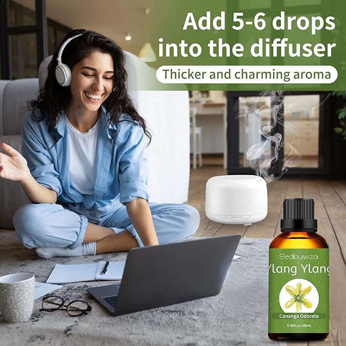 Sedbuwza Ylang Ylang Essential Oil, Ylang Ylang Oil 100% Pure Natural Ylang Ylang Fragrance Oil for Massage Diffuser Humidifier Candle Soap Aromatherapy Making - 3.38 OZ