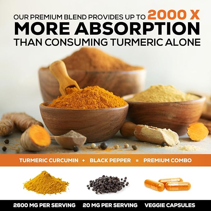 Turmeric Curcumin Supplement 2600mg - 95% Curcuminoids with Organic Turmeric & BioPerine Black Pepper Extract for Best Absorption, Natural Vegan Joint Support, Non-GMO, Bottled in USA - 240 Capsules