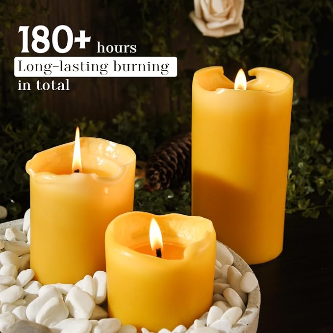 Set of 3 Natural Beeswax Pillar Candles - 3 inch Wide (3 inch 4inch 6inch Tall) - 100% Pure Bees Wax Candles, Long Burning, Unscented Smokeless & Dripless, for Emergency, Home Decor