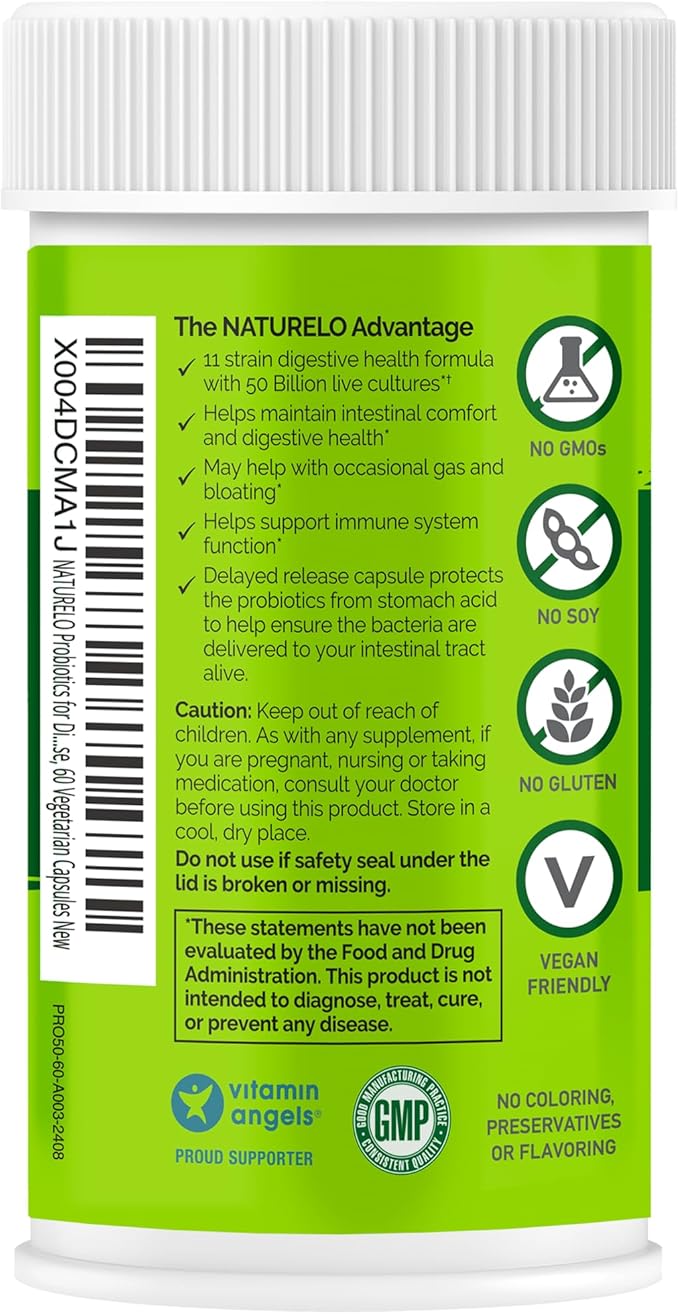 NATURELO Probiotics for Digestive Health - 50 Billion CFU, 11 Strains Daily Supplement - Boosts Immune System, Delayed Release, 60 Vegetarian Capsules
