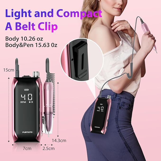 Professional Nail Drill 40,000 RPM, Rechargeable,LCD Display E File Machine for Acrylic Nails Gel Polishing Removing Portable Nails Efile Tools for Manicure Salon & Home (Pink)