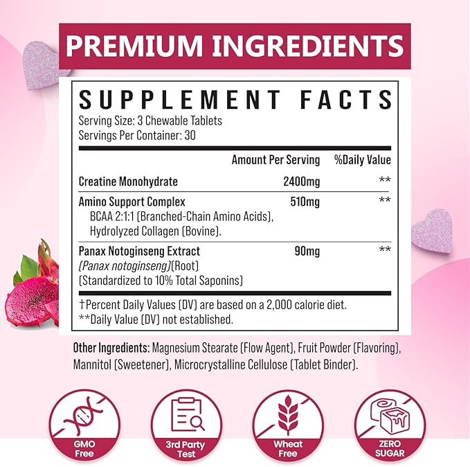Creatine for Women | with Hydrolyzed Collagen, BCAA | 3G Creatine Chews for Women Booty Gain, Lean Muscles, Recovery & Energy, Vegan, Sugar Free Creatine, Powder Alternative, 30 Servings