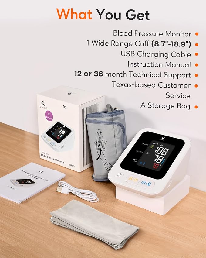 arboleaf Blood Pressure Monitor for Home Use, Accurate Upper Arm Smart Digital BP Machine with Bluetooth App Sync, Rechargeable Large Color Display, 2-User Memory, Adjustable Wide Cuff 8.7″–18.9″