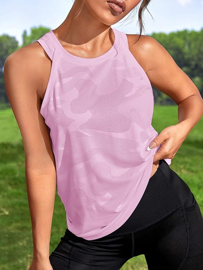 OYOANGLE Women's Camo Print Sleeveless Workout Shirts Exercise Running Tank Tops Active Gym Tops