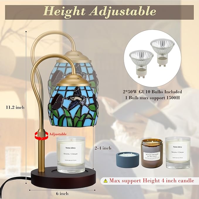 Candle Warmer Lamp with Timer Dimmer, Adjustable Height Candle Warmer for Jar Candles, Birthday Gifts for Women New Home Bedroom Decor Tiffany Hummingbird Style Stained Glass with 2 Bulbs
