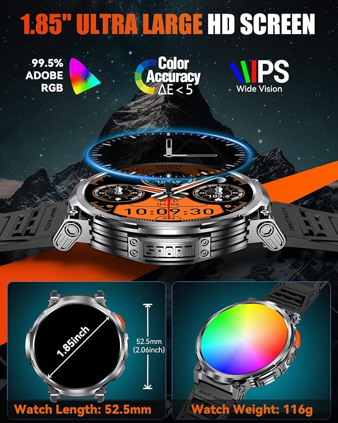 1.85" Big Screen Military Smart Watch for Men with Flashlight, 730mAh Large Battery, IP68 Waterproof, Bluetooth Calling, 114 Sports Modes, Heart Rate/Sleep Monitor for iOS Android