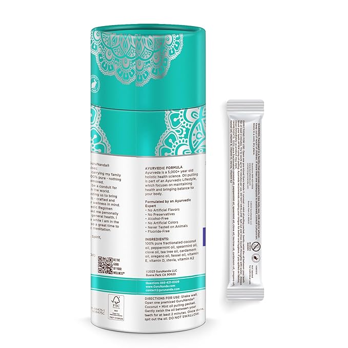 GuruNanda Travel Sachets Coconut Oil Pulling, Fresh Breath Mouthwash, 7 Essential Oils & Vitamins for Happy Teeth & Gums, 7 Sachets