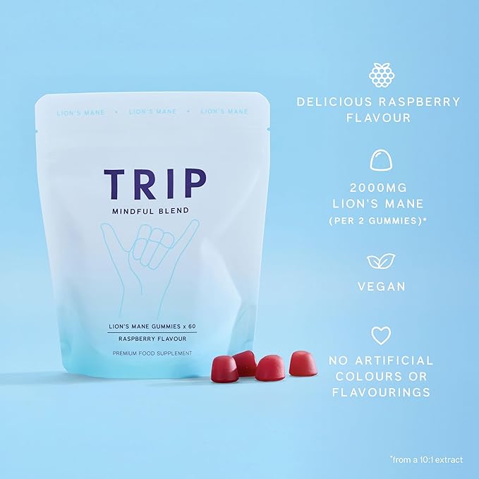 TRIP Lion’s Mane Gummies with 2000mg Lion’s Mane Mushrooms Extract Per Serving, Vegan, Naturally Flavored On the Go Chewable Gummy, Delicious Raspberry Flavor, 1 Bag, 60 Count