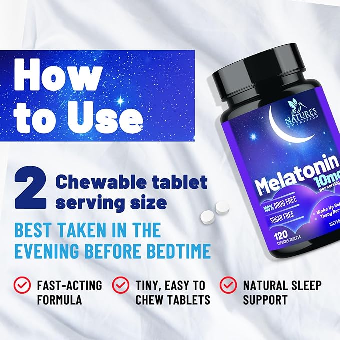 Melatonin Sleep Supplement 10mg - Maximum Strength 100% Drug Free, Non-Habit Forming - Best Sleep Supplements for Adults Restful Sleep - Fast Dissolve Melatonin, Berry Flavored - 120 Chewable Tablets