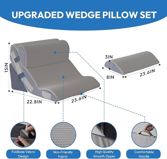 4PCS Orthopedic Bed Wedge Pillow Set for Sleeping, Sitting up in Bed, 6-in-1 Foam Wedge Pillow for Acid Reflux & Back Pain Relief & Leg Elevation, Post Surgery Pillows for GERD & Snoring, Grey