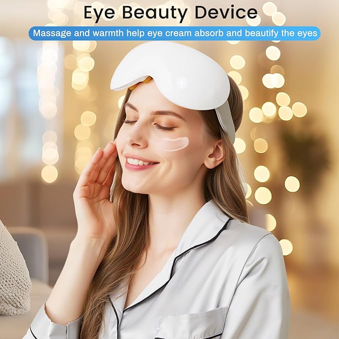 Eye Massager with Heat and Cooling for Migraines – 14 Massage Nodes for Eye Strain Relief, Rechargeable Bluetooth Music, Improve Sleep, Birthday & Holiday Gifts for Women and Men (White)