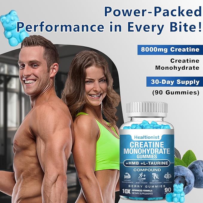 2 Pack 8000MG Creatine HMB Monohydrate Gummies for Men & Women,L-Carnitine, L-Taurine & Vitamin B6 12, 180 Blueberry Flavor Counts Supplement Gummies (60-Day Supply)