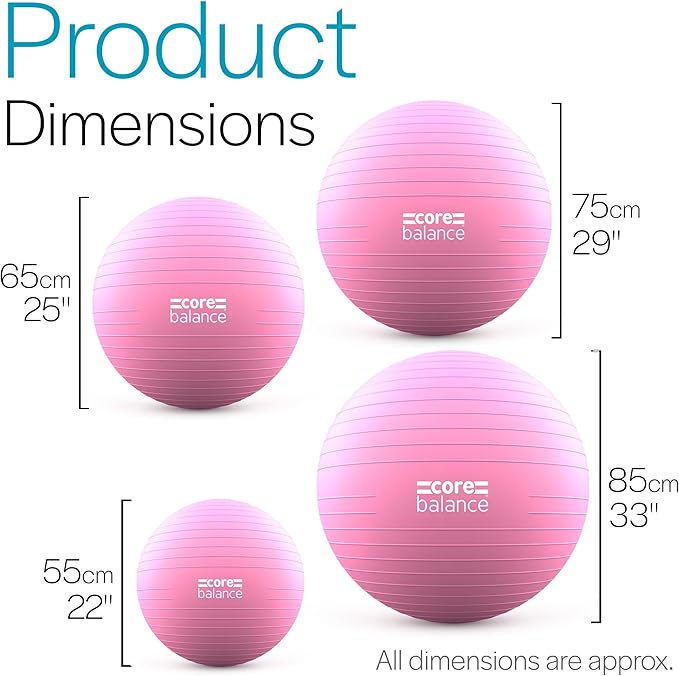 Core Balance Exercise Ball for Workouts, Anti-Burst and Slip Resistant, Swiss Yoga Ball for Pregnancy, Stability, Fitness and Physical Therapy, 4 Sizes, with Pump