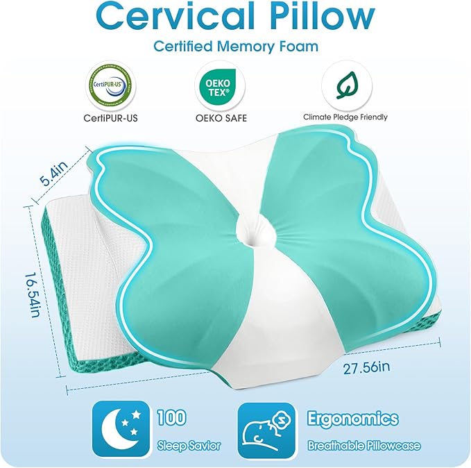 CloudBliss Cervical Memory Foam Pillow for Neck and Shoulder, Contour Neck Support Pillow with Cooling Case, Ergonomic Bed Pillow, Support for Side Back Stomach Sleepers (Green, King Size)