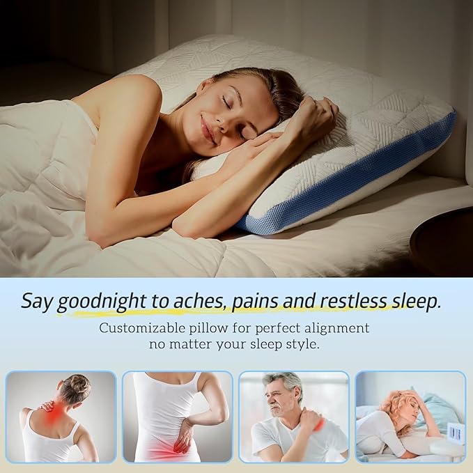 BETU Cooling Pillow King Size, Shredded Memory Foam Pillows for Hot Sleepers, Adjustable Firm Bed Pillows, Hotel Collection Side Sleeper Pillow for Back Pain, Neck, Blue, 20”x36”