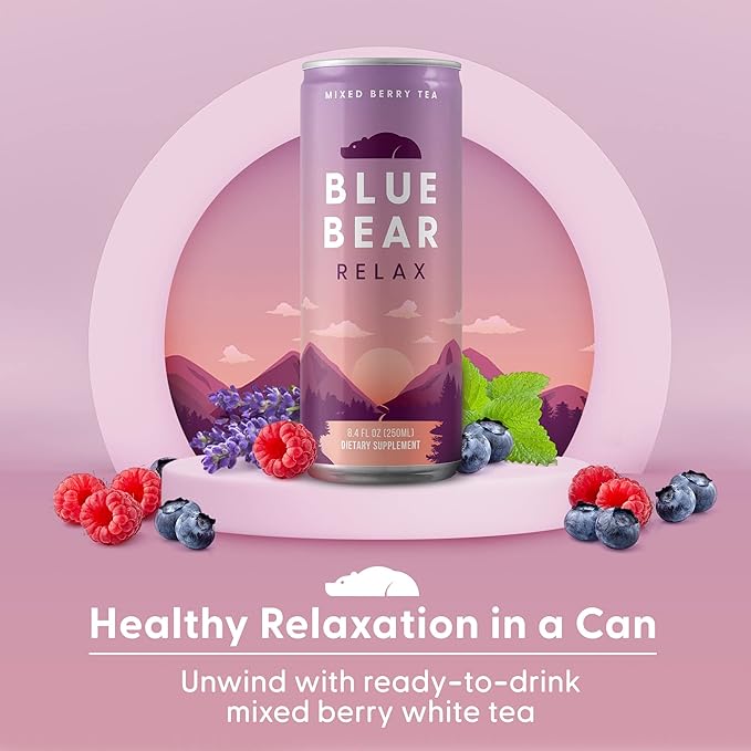 Blue Bear Relax - Natural Calming Tea, Mixed Berry Herbal Tea Infusion, Canned Drink, Lavender, Lemon Balm and Chamomile, Vegan and Caffeine-Free, Zero Sugar, 8.4 fl oz, Pack of 12