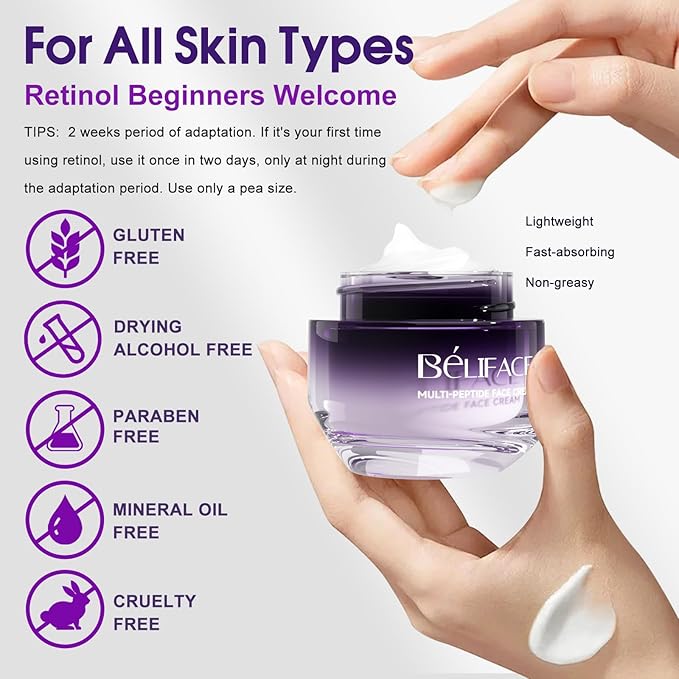 Face Moisturizer For Women, Gentle Retinol Cream With Peptide For Wrinkle Anti-Aging, Hydrating Facial Moisturizer With Hyaluronic Acid Niacinamide & Ceramides, Night Repair For All Skin Types 1.7 OZ