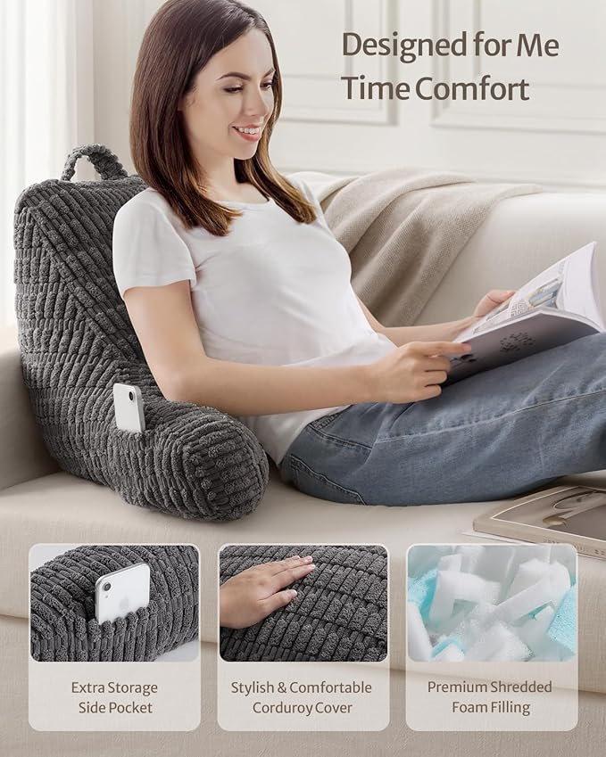 Blissful Diary Reading Pillow, Backrest Pillow with Shredded Memory Foam for Adult & Children, Designed for Bed and Couch Sitting Up, Includes Arms, Pockets and Washable Cover, Dark Gray