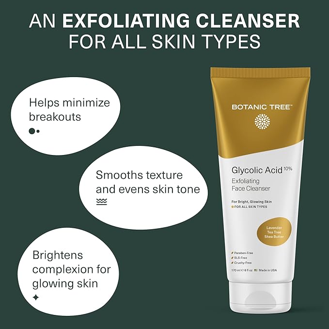 Botanic Tree Glycolic Acid Face Wash - Facial Cleanser For Skin Care, Treatment Scrub, 10% Glycolic and Salicylic Acid 6 fl. oz (2 pack)