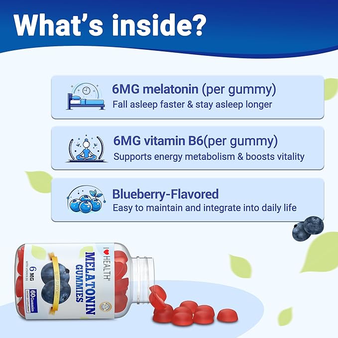 Sleep Gummies with Melatonin 6mg + Vitamin B6 6mg – Dual Action Sleep Support for Adults – Natural Blueberry Flavor – Non-Habit Forming, Vegan – 60 Gummies – cGMP Certified