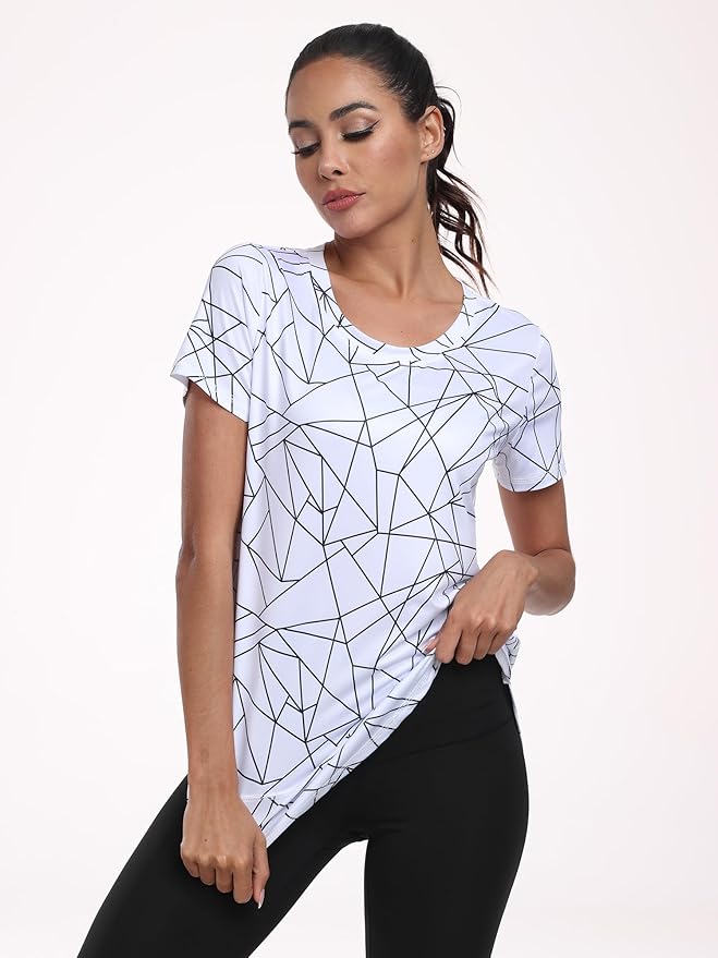 Women's Short Sleeve Workout Shirts Crewneck Sports Yoga Running Dry Fit Tops Side Split Tee