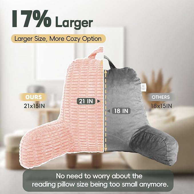 21" Higher Large Reading Pillow for Bed Adult, Back Pillow for Bed Sitting Up with Memory Foam Back Support with Arms Rest for Couch Chair Pink