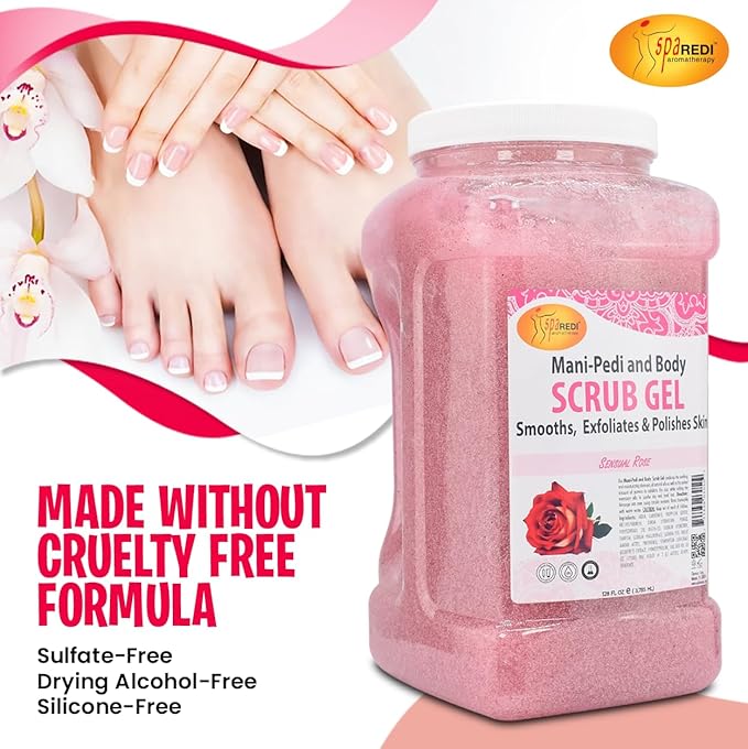 SPA REDI – Sensual Rose Pumice Scrub Gel, Exfoliating, Hydrating & Nourishing, Infused with Hyaluronic Acid, Amino Acids, Panthenol and Comfrey Extract for Glowy Smooth Skin – 128oz Gallon