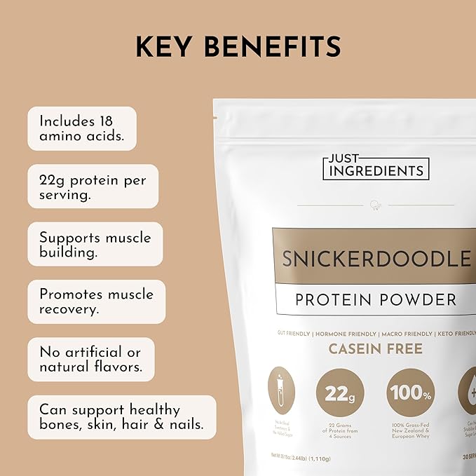 JUST INGREDIENTS Snickerdoodle Protein Powder – 30-Serving Blend with 100% Grass-Fed Whey & Organic Plant Proteins – Cinnamon & Vanilla Flavor – Supports Muscle Recovery, Energy*