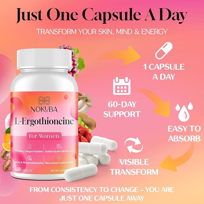 L-Ergothioneine with Mushroom Supplement for Women | Skin Care, Brain, Immune, Cognitive Support, Oyster Mushrooms, Collagen Peptides, PQQ, Resveratrol | 60 Capsules