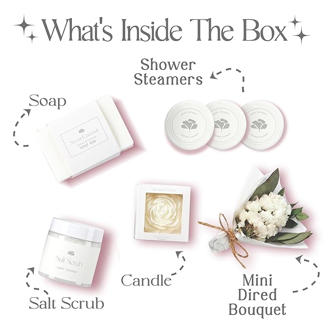 Sweet Coconut Spa Gift Set for Women – Relaxation Gift Basket with Candle, Soap, Salt Scrub & Shower Steamers – Unique Birthday, Bridal Shower, Thank You & Self Care Gifts
