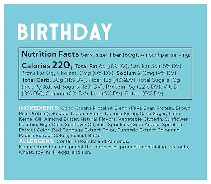 good! Snacks Birthday Cake Vegan Protein Bar, Soy & Gluten Free, Plant Based, Low Sugar, 15g Clean Protein, Natural Healthy Superfood Snack, Kosher Friendly, For Athletes & Active Lifestyles, 12 Bars