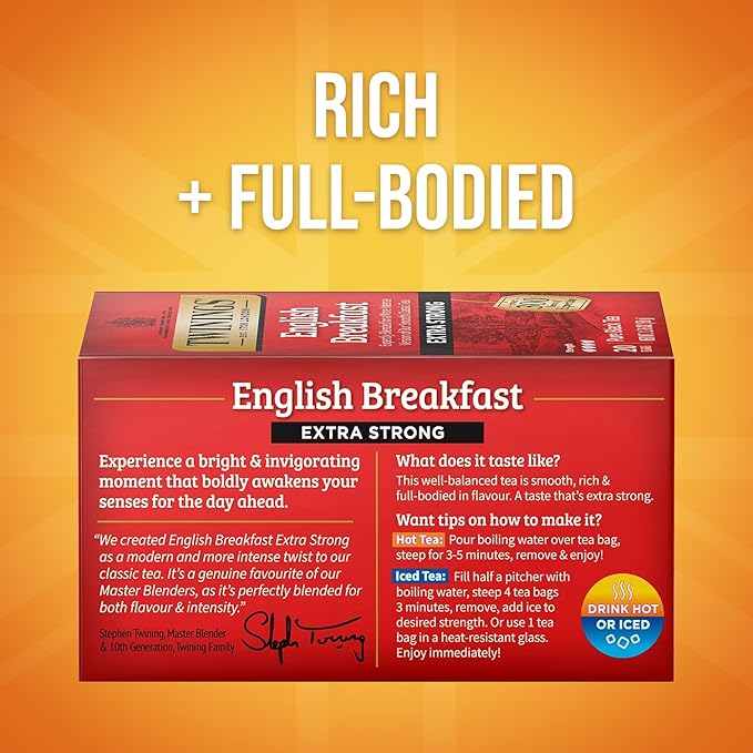 Twinings English Breakfast Extra Strong Black Tea Individually Wrapped Bags, 20 Count (Pack of 1), Robust, Caffeinated, Enjoy Hot or Iced, 20 Teabags