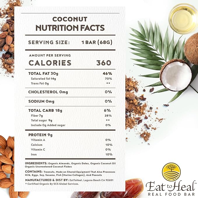 EatToHeal Coconut Real Food Bar - Organic Vegan Healthy Gluten Free Protein Bars - Low Sugar Meal Replacement Bar, Non GMO, Never Baked, Plant Based - Crafted to Enjoy, Not Sit on Shelves
