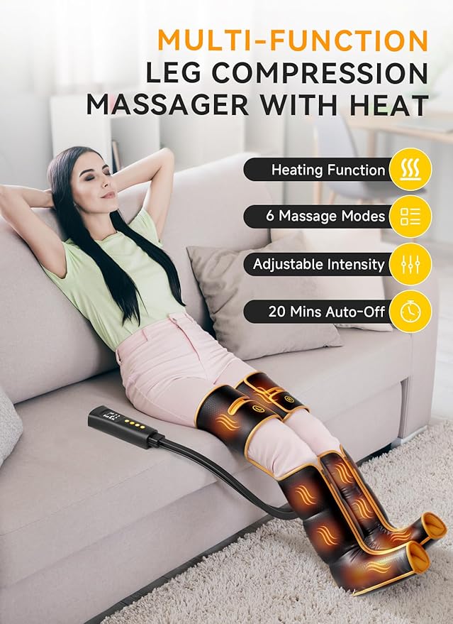 Leg Massager with Heat and Compression, Foot Calf & Thigh Massage for Circulation and Pain Relief, Leg Compression Massager with Handheld Controller 3 Intensities 6 Modes