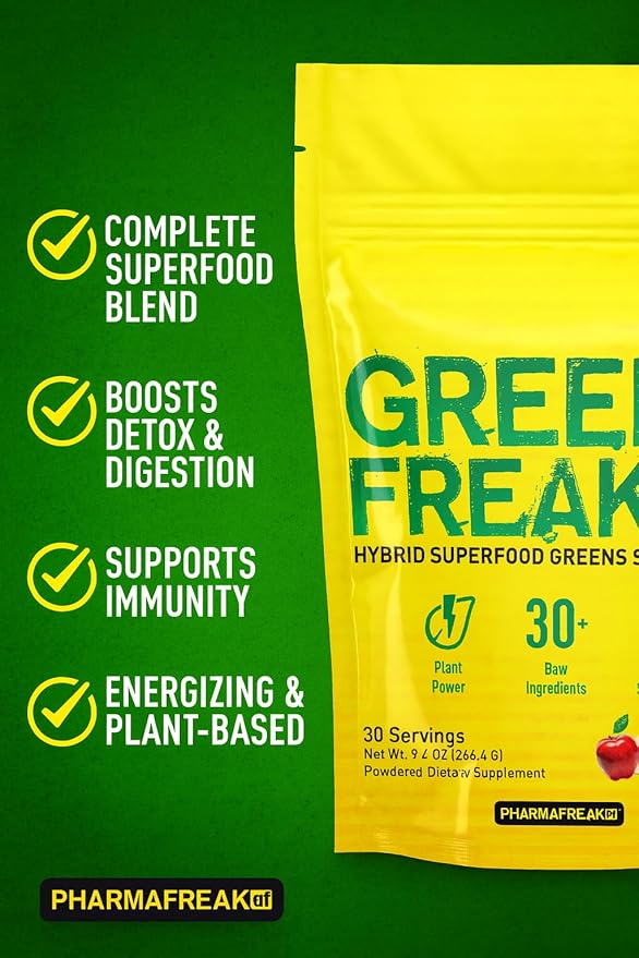 Pharmafreak Greens Freak β Superfood Greens Powder with Spirulina, Chlorella & 30+ Raw Ingredients β Sweet Apple Flavor β Detox, Immunity & Digestion Support β 30 Servings β Eco-Friendly Pouch