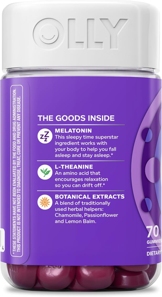 OLLY Sleep Gummy, 3 mg Melatonin, L-Theanine, Chamomile, Lemon Balm, Sleep Aid, Blackberry - 70 Count