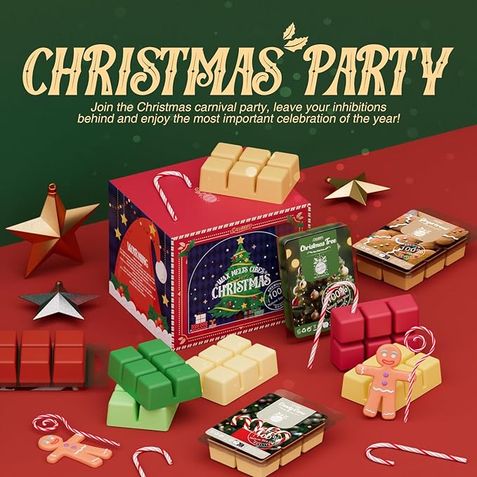 SALUBRITO Christmas Scented Wax Melts, Strong Scented Soy Wax Cubes/Tarts Variety Set - Apple Cinnamon, Gingerbread, Christmas Tree, Pudding, Sugared Cranberry, Candy Cane, Mistletoe, Chocolate Cake