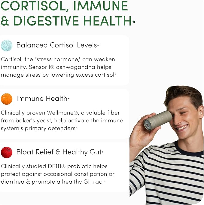 Defend Immune & Gut Support – Spore Probiotic DE111®, Beta Glucan, Ashwagandha – Supports Immunity, Gut Health, Stress & Bloating Relief Supplement – 60 Capsules