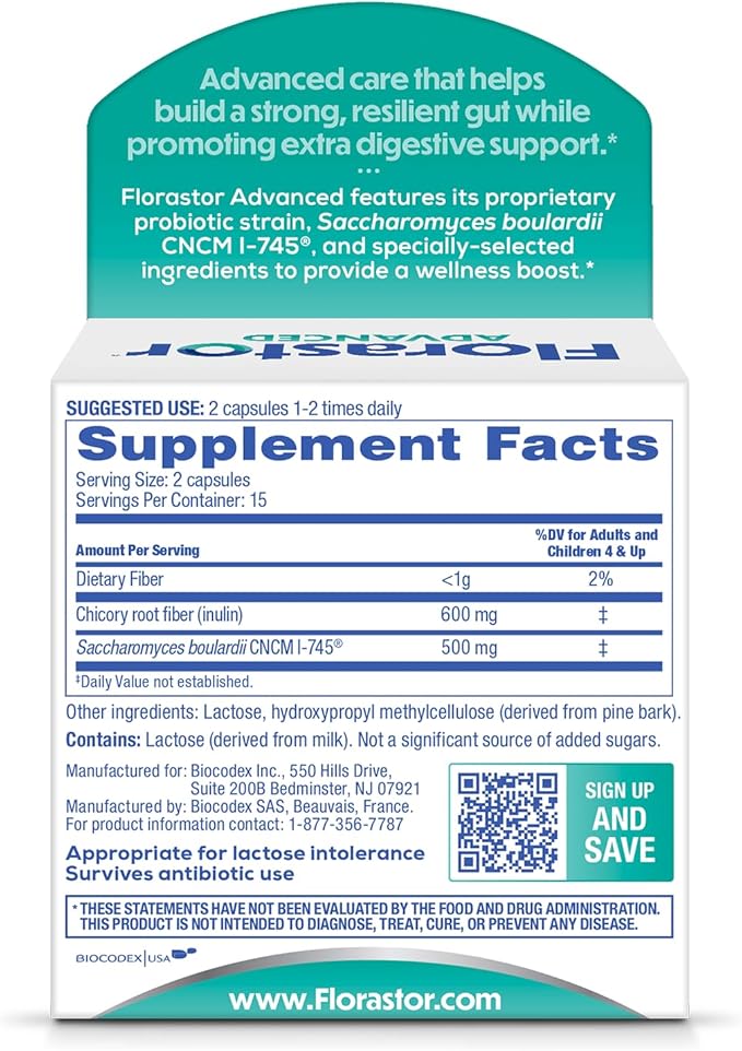 Florastor Select Pro+Pre Daily Probiotic and Prebiotic Supplement for Women and Men, Boosts Good Bacteria, Saccharomyces Boulardii CNCM I-745 (30 Capsules) (Pack of 2)