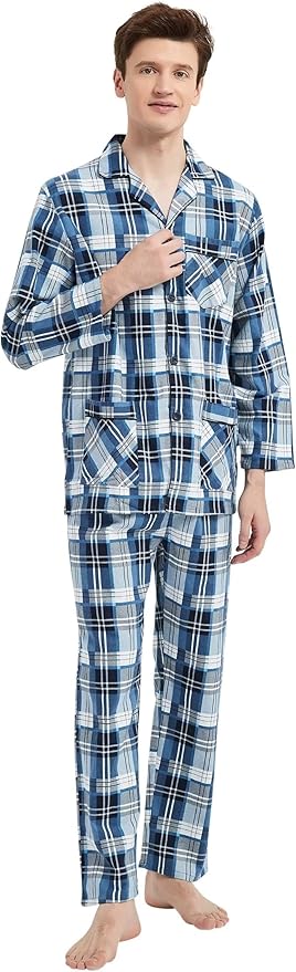 GLOBAL Men's Pajamas Sets 100% Cotton Flannel Sleepwear Long-Sleeve top & Bottom