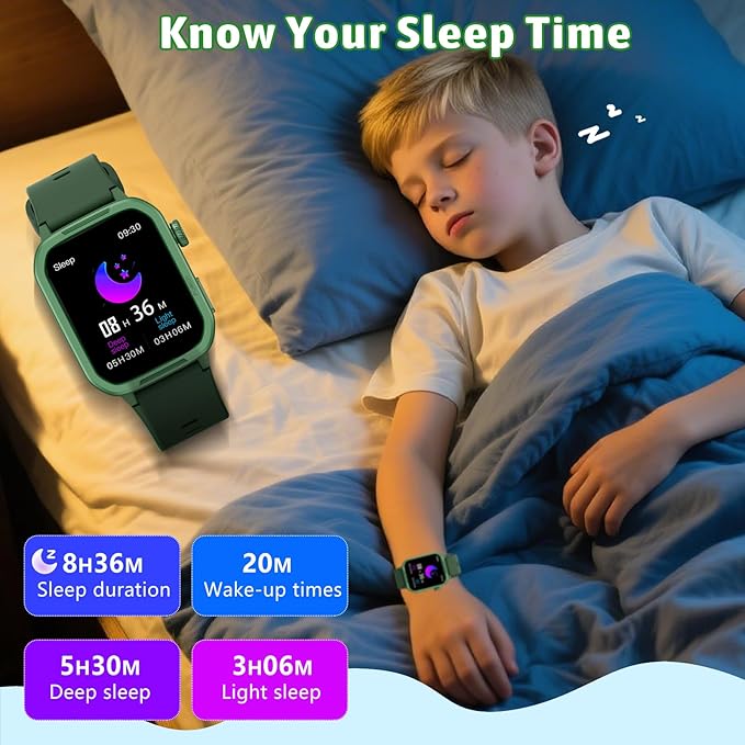 Kids Smart Watch for Boy Girl, Kids Watches with 19 Sport Modes, Heart Rate, Sleep Monitor, Pedometer, Alarm Clock, IP68 Waterproof Fitness Tracker, Gift for 6-16 Year Old Boys Girls Toys (Green)