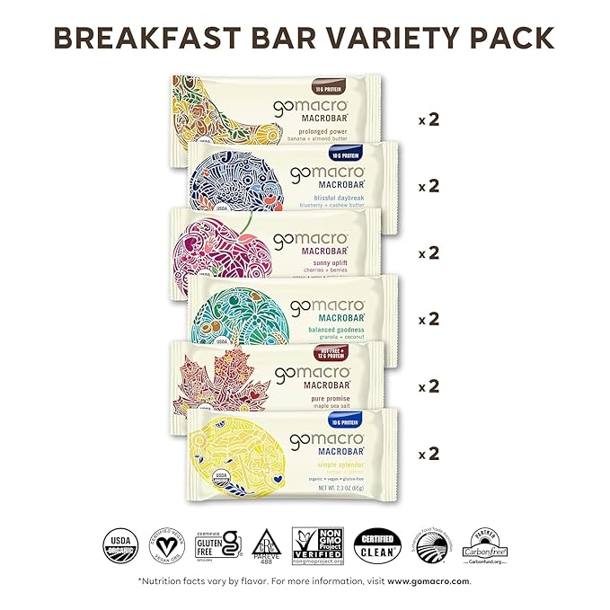 GoMacro Macrobar Organic Vegan Protein Bars, Breakfast Variety Pack, 12 Count