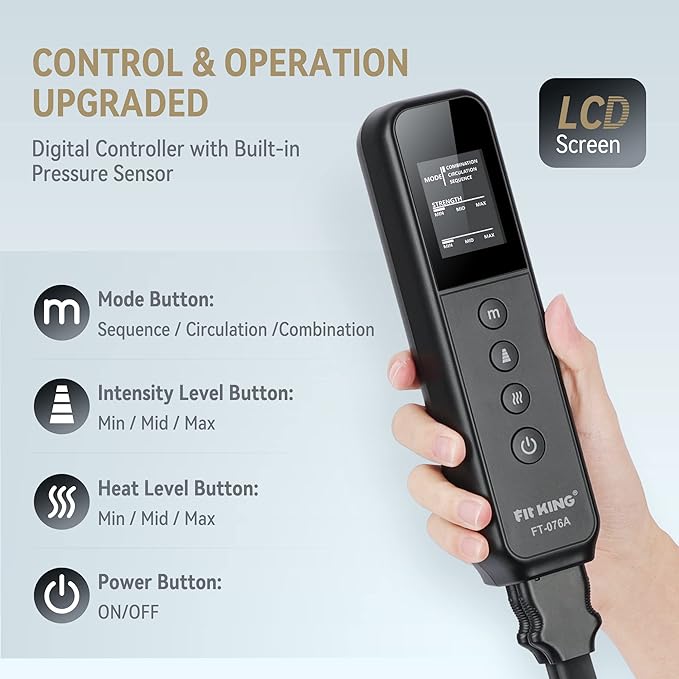 FIT KING Air Compression Leg Massager with Heat for Circulation Upgraded Full Leg and Foot Massager to Relieve Pain, Swelling, Edema, RLS - Built-in Pressure Sensor & LCD Display - Gift for Mom Wife