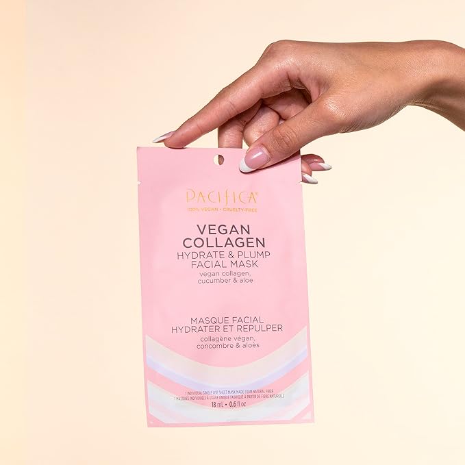 Pacifica Vegan Collagen Hydrate & Plump Face Mask 4-Pack – Hydrating & Plumping Peptide-Infused Sheet Mask for Dewy Skin, with Vegan Collagen, Cucumber & Aloe, Clean Beauty Skincare