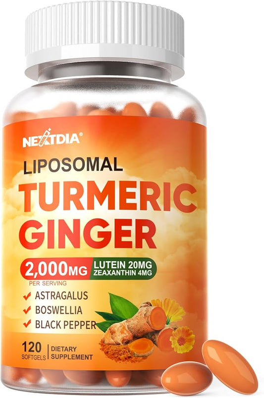 Liposomal Turmeric Curcumin and Ginger Supplement Softgels 2000mg, 95% Curcuminoids, Organic Turmeric Root Extract with Black Pepper for Superior Absorption, Plus Lutein Zeaxanthin, Non-GMO, 120 Pills