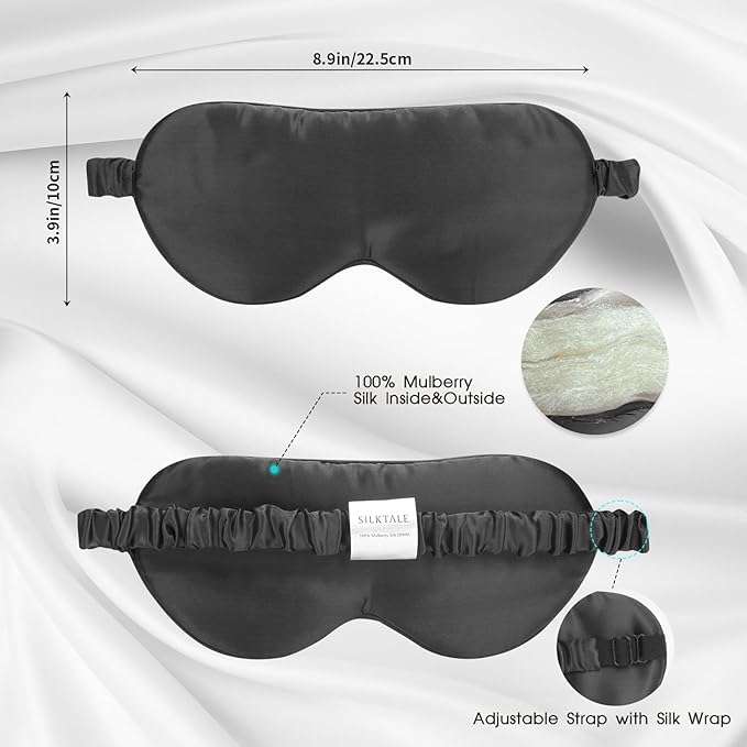 Mulberry Silk Blackout Adjustable Sleep Eye Mask for Men/Women Travel Plane,Charcoal